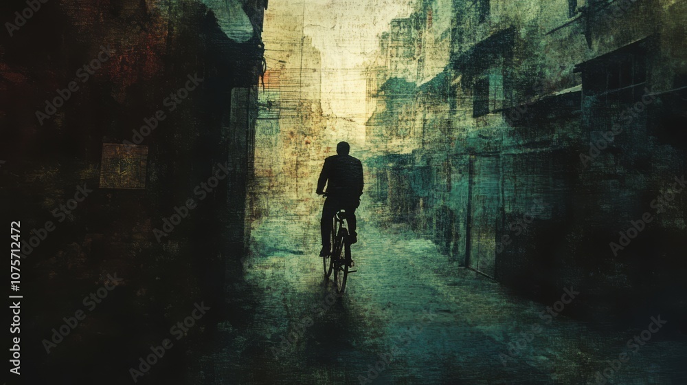 Obraz premium Silhouette of a man riding a bicycle through a narrow street in the city.