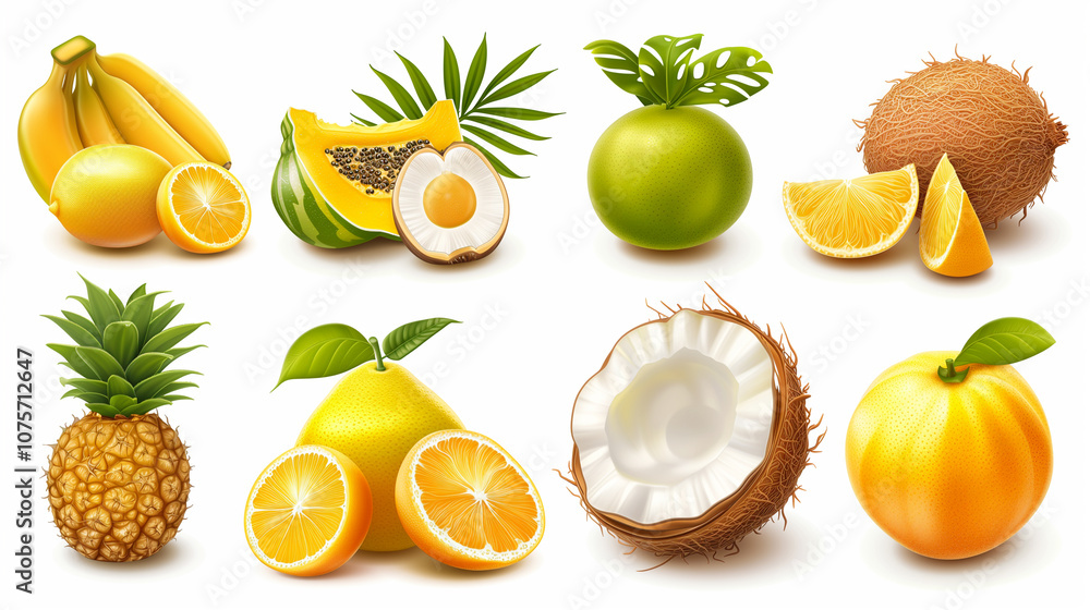3D tropical fruits with realistic details on a white background, featuring pineapple, papaya, lemon, and coconut. Set collection icon 3D tropical fruits with realistic details on a white background, featuring pineapple, papaya, lemon, and coconut. Set collection icon