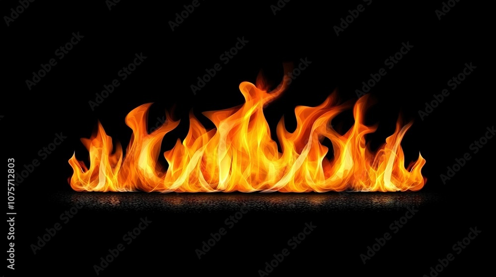 Fototapeta premium Close-up photo of a group of fiery flames on a dark background, reflecting on the ground below