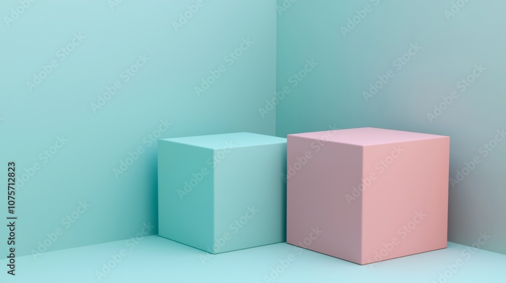 Two cubes, one light pink and one turquoise, stand in the corner of a room with matching walls and floor, creating a minimalist and modern aesthetic Two cubes, one light pink and one turquoise, stand in the corner of a room with matching walls and floor, creating a minimalist and modern aesthetic