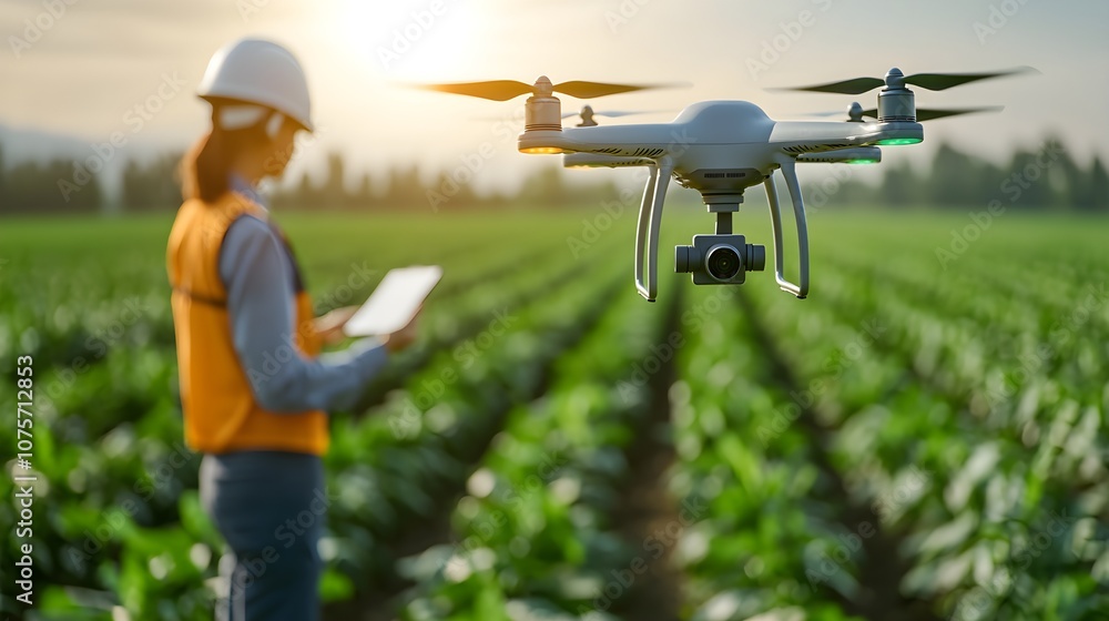 Engineers inspecting agricultural fields, with futuristic drones and sensors monitoring soil health and chemical runoff reduction, vibrant eco-landscape in background Engineers inspecting agricultural fields, with futuristic drones and sensors monitoring soil health and chemical runoff reduction, vibrant eco-landscape in background