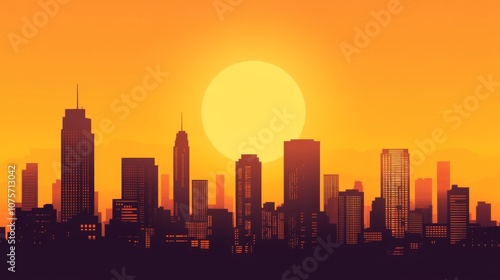 Silhouette of a modern city skyline at sunset with a large yellow sun.