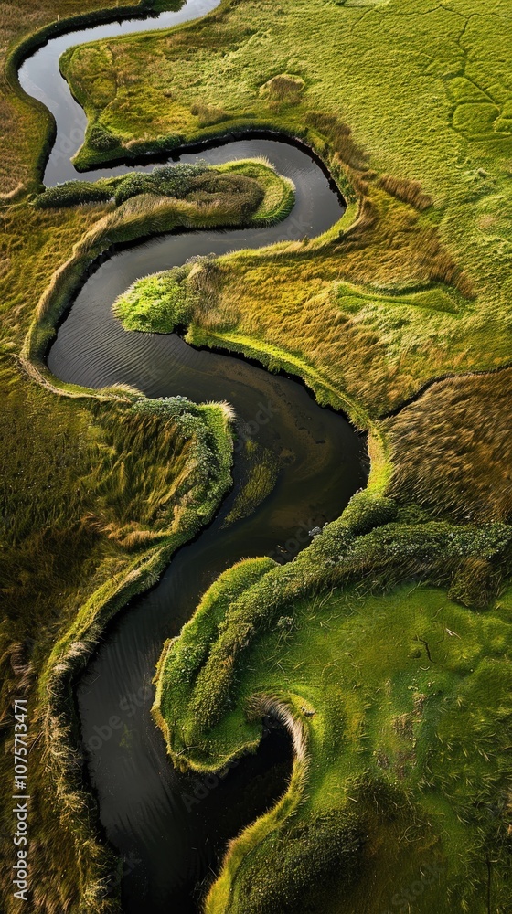Naklejka premium Aerial Tranquility: Vast Peat Meadow Nature Reserve with Meandering Ditches