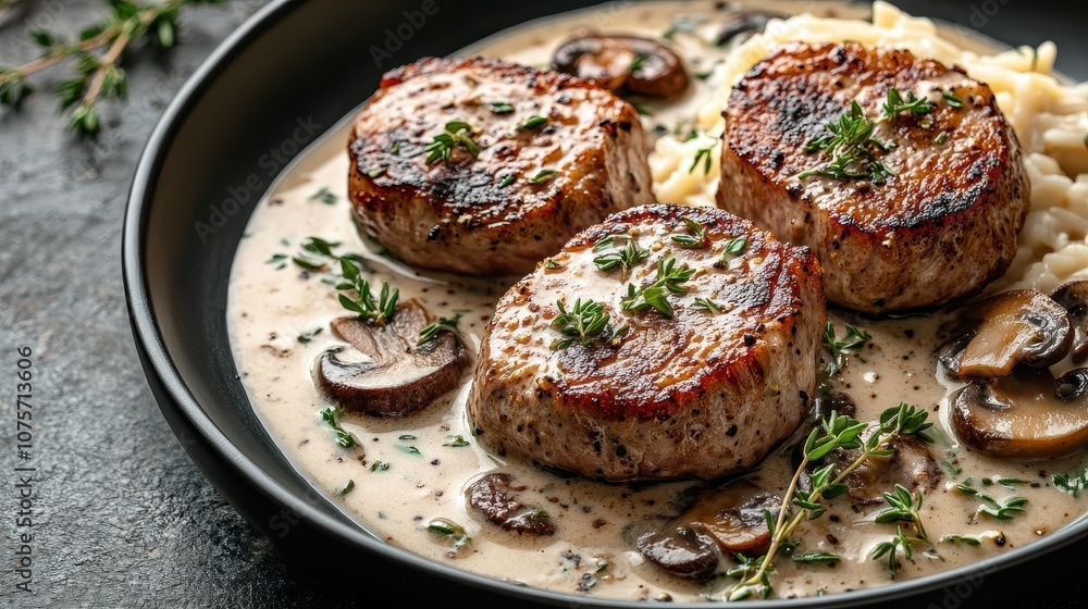 Delicious pork tenderloin with mushrooms and cream sauce. Perfect for a gourmet meal, this image is perfect for showcasing your culinary expertise. Delicious pork tenderloin with mushrooms and cream sauce. Perfect for a gourmet meal, this image is perfect for showcasing your culinary expertise.