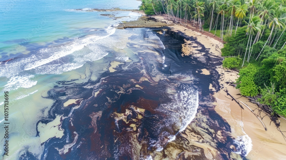 Aerial view of coastal area with dark, sticky tar covering beach and seawater, highlighting environmental pollution and providing copy space for text or design.tar, Aerial view of coastal area with dark, sticky tar covering beach and seawater, highlighting environmental pollution and providing copy space for text or design.tar,