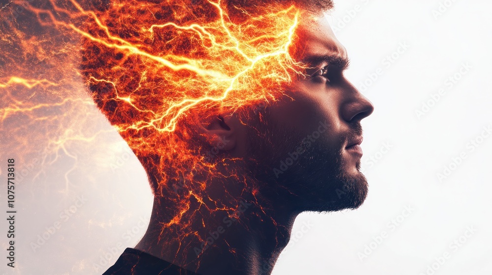 A profile of a man with an artistic explosion of energy and light emanating from his head. A profile of a man with an artistic explosion of energy and light emanating from his head.