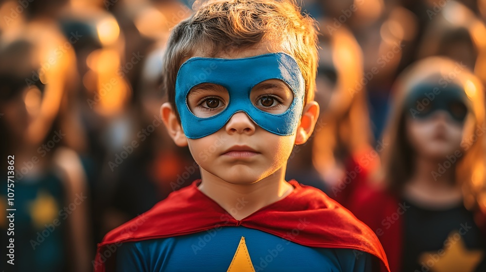 A child dressed as a superhero amidst a faceless crowd, showcasing the boldness of youthful ambition and the stark contrast with ordinary adult life A child dressed as a superhero amidst a faceless crowd, showcasing the boldness of youthful ambition and the stark contrast with ordinary adult life
