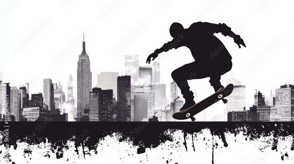 Naklejka premium Silhouette of a skateboarder performing a trick over a city skyline.