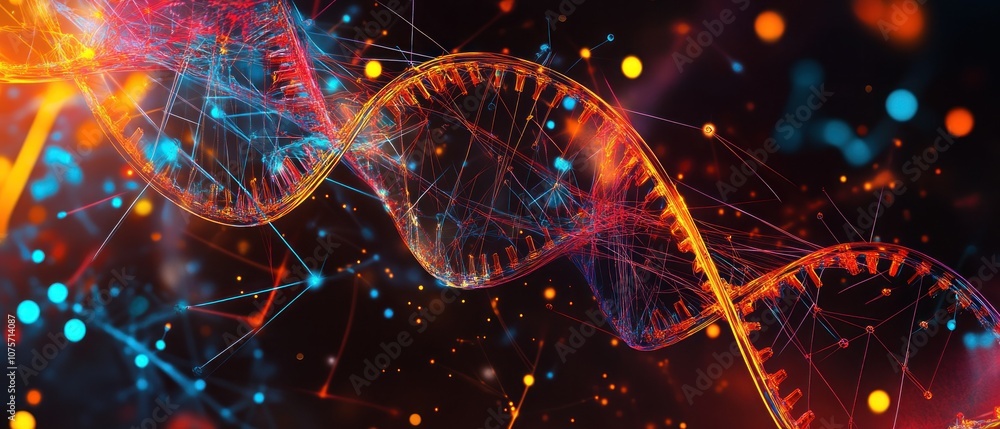 Abstract representation of DNA strands with vibrant colors and connections. Abstract representation of DNA strands with vibrant colors and connections.