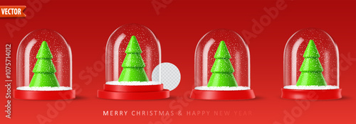 Realistic 3d glass snow globe with green Christmas tree and snow  particles, set on a red background with Merry Christmas and Happy New Year text below. Realistic vector illustration