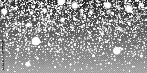 Snowy overlay with a variety of snowflake sizes and intensities on a transparent background, perfect for winter scenes and holiday graphics. Vector illustration