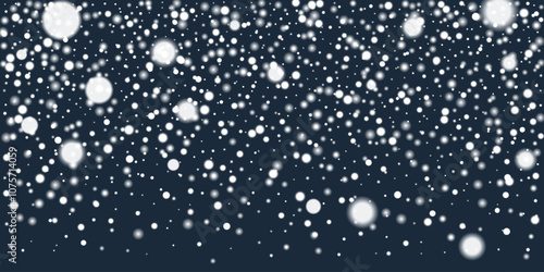 Dense snowflakes isolated on dark blue background, Template for winter snowfall design. Vector illustration