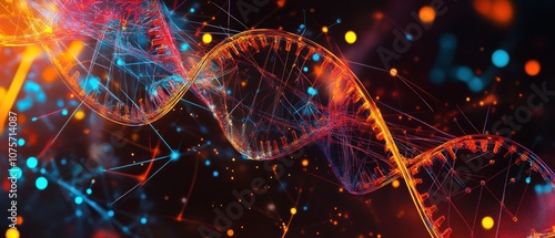 Abstract representation of DNA strands with vibrant colors and connections.