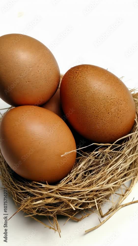 Three brown eggs are nestled in a bird's nest on a white background Three brown eggs are nestled in a bird's nest on a white background