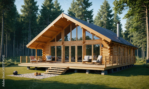 A cozy log cabin sits nestled in a forest, ready for a relaxing getaway