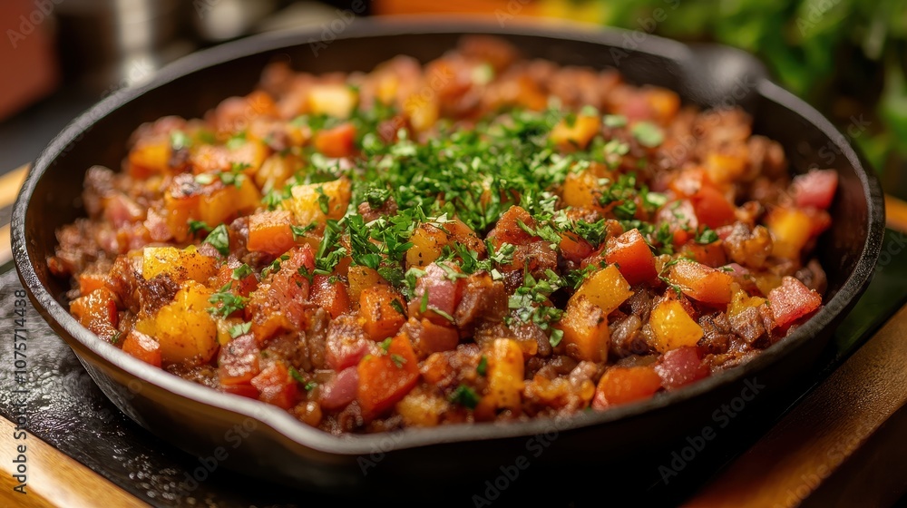 Close-up of a skillet with a delicious stew. Perfect for showcasing a hearty and flavorful meal. Close-up of a skillet with a delicious stew. Perfect for showcasing a hearty and flavorful meal.
