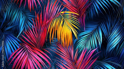 A close-up of a group of palm trees with diverse foliage on a dark backdrop, illuminated by a yellow light at their center