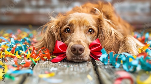 A playful and joyful dog wearing a bright red ribbon bow surrounded by festive holiday such as party streamers tinsel and confetti eagerly anticipating the of the New Year photo