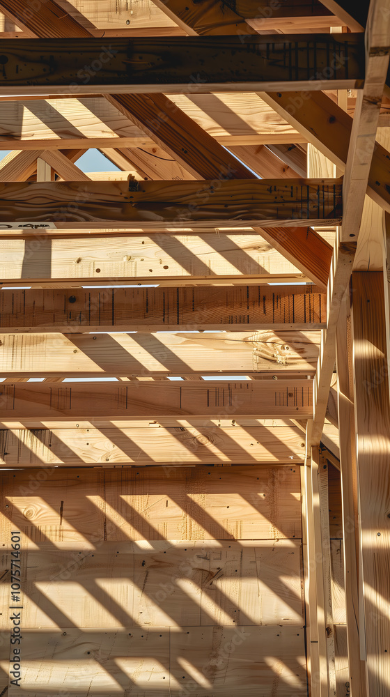 Une structure en bois en construction avec poutres et ombres visibles. Une structure en bois en construction avec poutres et ombres visibles.