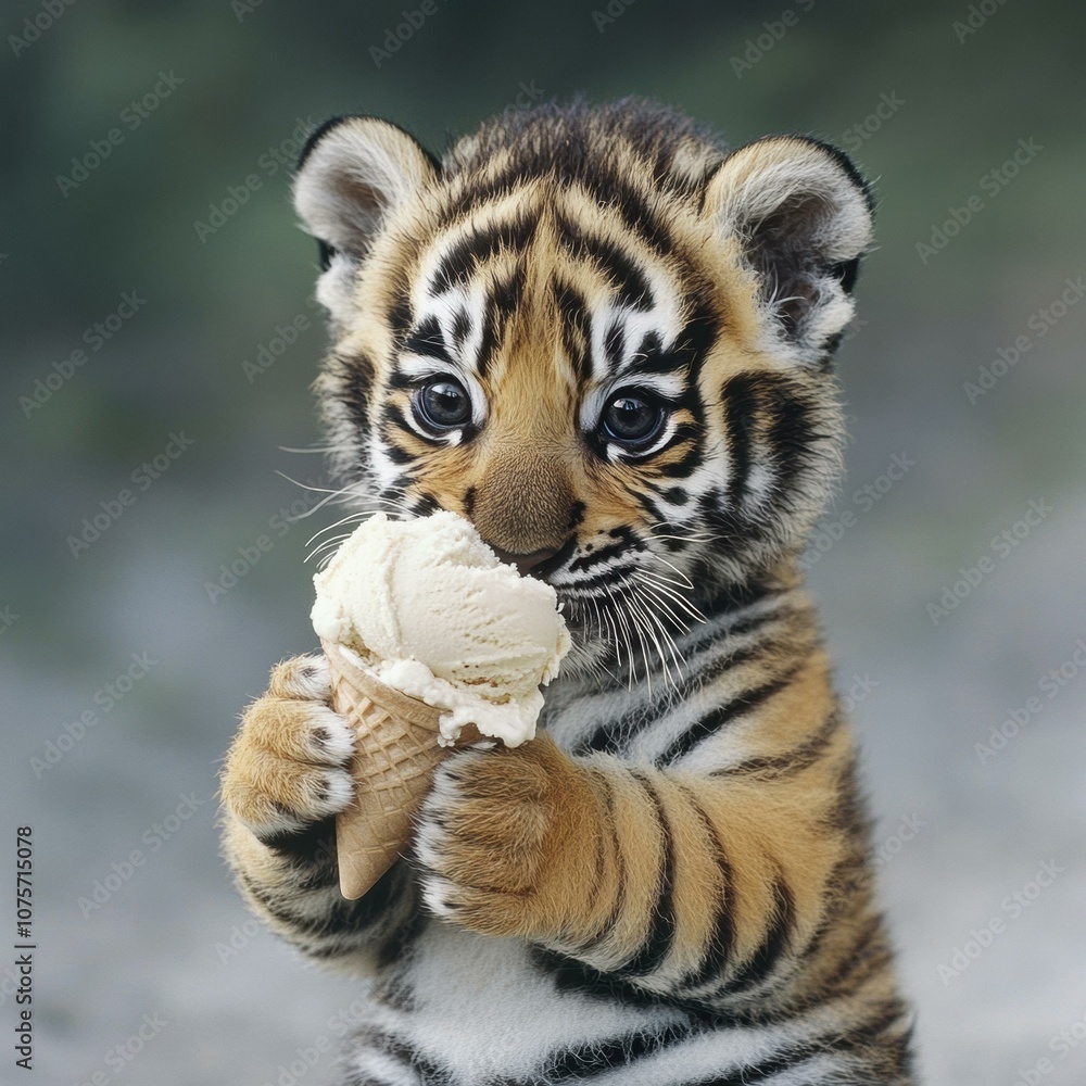 Obraz premium A baby tiger enjoys a scoop of ice cream. AI.