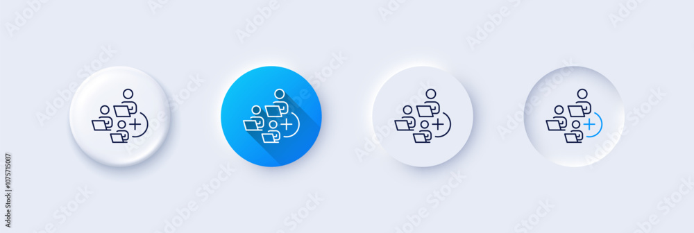 Add team line icon. Neumorphic, Blue gradient, 3d pin buttons. Teamwork sign. Remote team employees symbol. Line icons. Neumorphic buttons with outline signs. Vector Add team line icon. Neumorphic, Blue gradient, 3d pin buttons. Teamwork sign. Remote team employees symbol. Line icons. Neumorphic buttons with outline signs. Vector