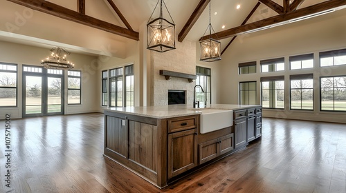 Traditional kitchen in beautiful new luxury home with hardwood floors, wood beams, and large island quartz counters. Includes farmhouse sink, elegant pendant lights, and large windows.