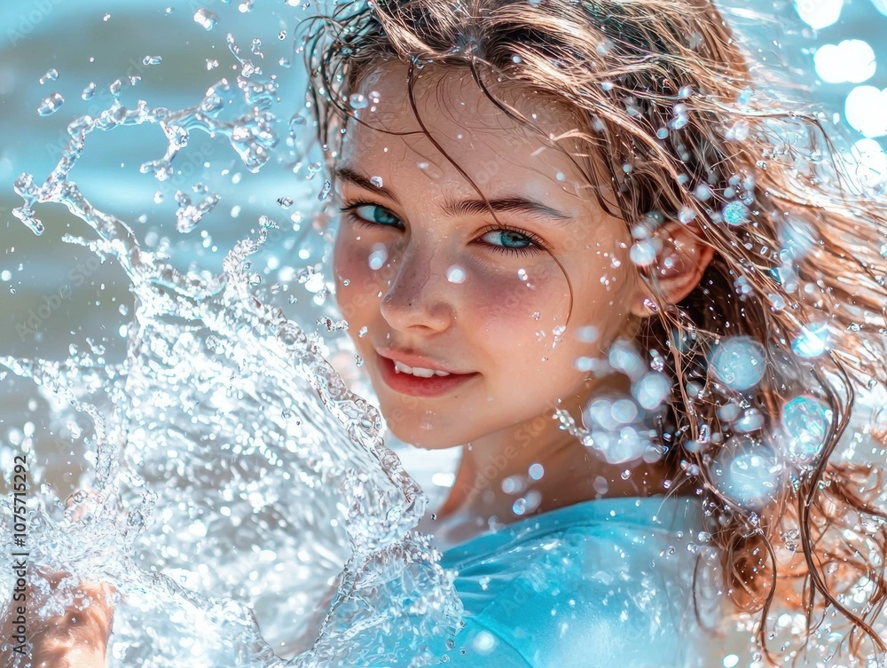 A woman laughs as water splashes around her face. AI. A woman laughs as water splashes around her face. AI.