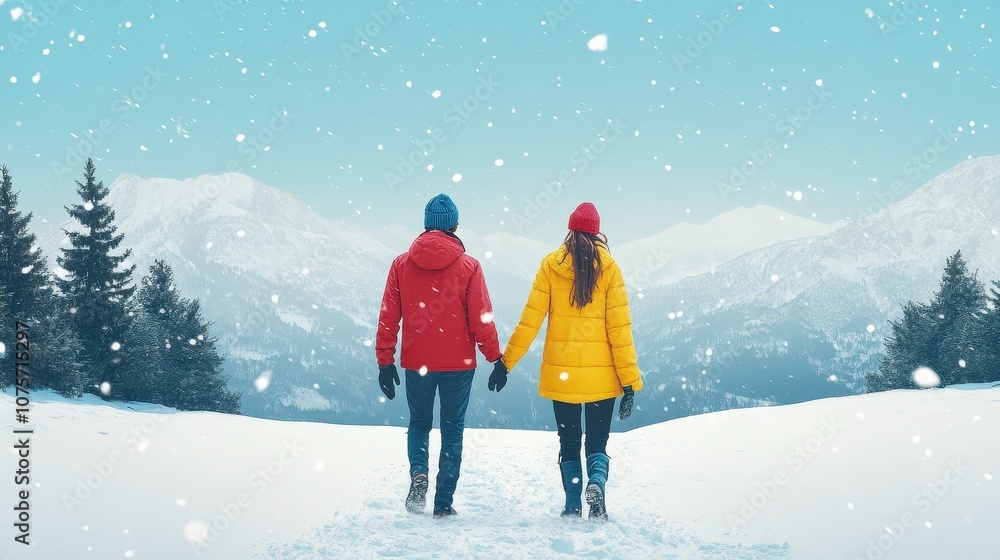 Couple walking in snowy mountains. This photo is perfect for websites or articles related to winter, love, or travel. Couple walking in snowy mountains. This photo is perfect for websites or articles related to winter, love, or travel.