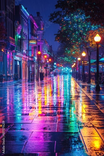 Vibrant city street reflecting colorful lights on a rainy night in a lively urban area