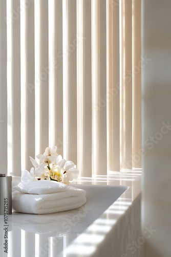 White Orchids and Towels Resting on a Bathroom Countertop photo