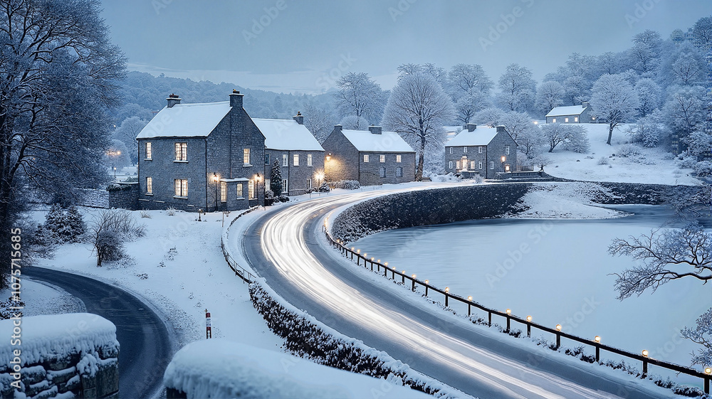 Snowy village with illuminated houses and winding road Snowy village with illuminated houses and winding road