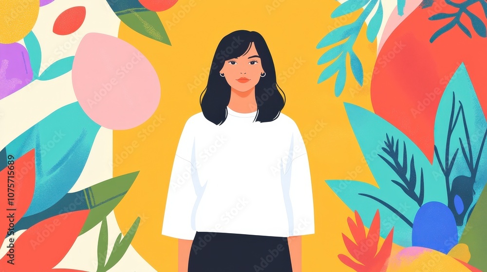 Young Woman Standing Among Colorful Tropical Plants and Abstract Shapes Illustrating Vibrant and Modern Artistic Environment with Bold Background Young Woman Standing Among Colorful Tropical Plants and Abstract Shapes Illustrating Vibrant and Modern Artistic Environment with Bold Background