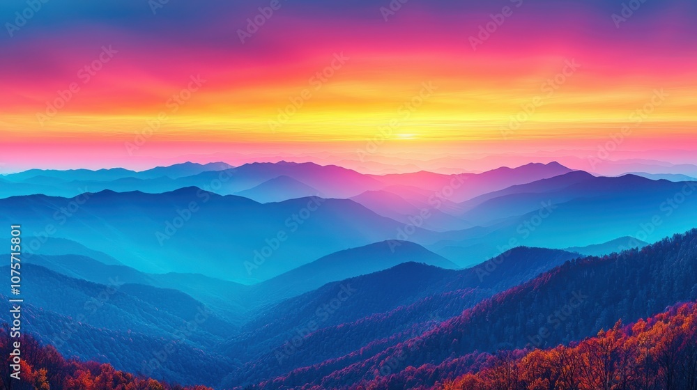 Obraz premium Vibrant sunrise illuminating the mountainous landscape in the Appalachian region at dawn