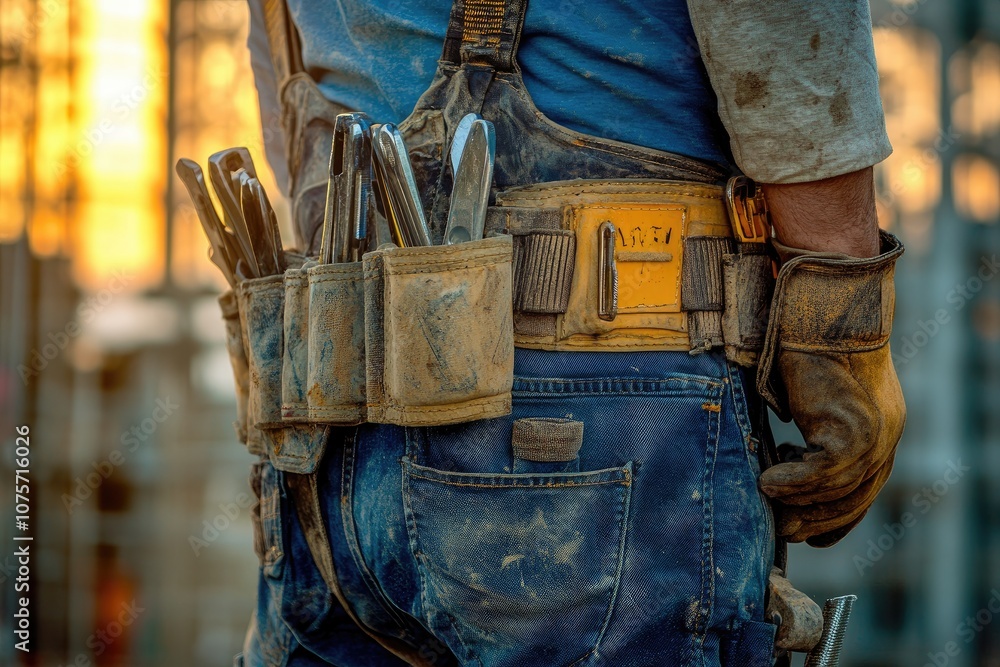 Close-up of a construction worker's tools. This image shows a hard-working individual with a tool belt, symbolizing dedication and skill. Close-up of a construction worker's tools. This image shows a hard-working individual with a tool belt, symbolizing dedication and skill.