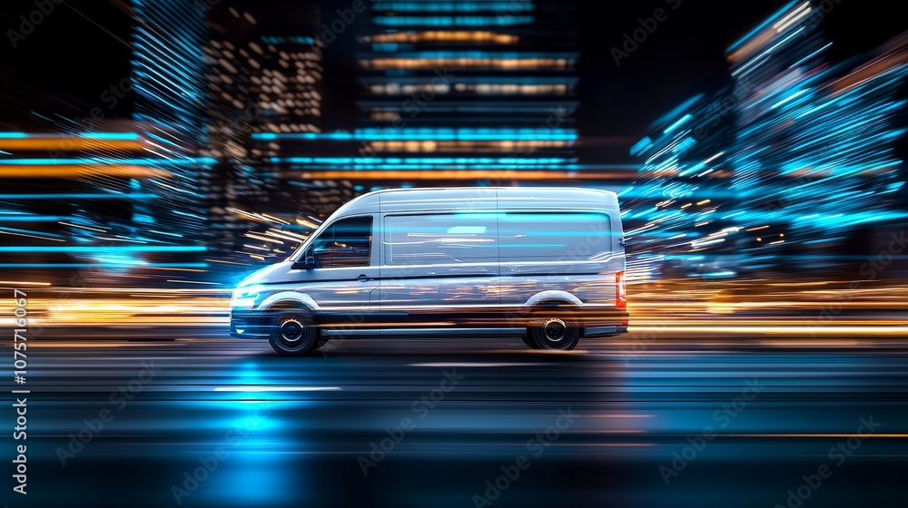 Fototapeta premium Side view of a white van in rapid motion through busy cityscape, blurred lights trailing behind, emphasizing modern urban transport