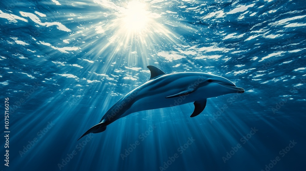 Obraz premium Vibrant dolphin mid-jump, deep blue sea, shimmering sunlight, freedom and energy