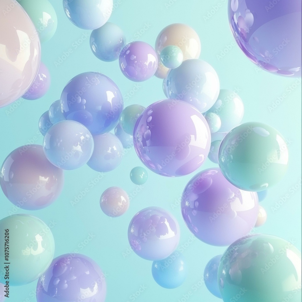 Pastel colored spheres floating in a light blue space. AI. Pastel colored spheres floating in a light blue space. AI.