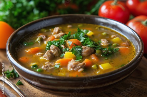 Hot vegetable soup with meat and parsley in bowl