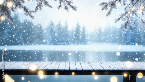 Snowy winter lake with pine trees and wooden dock