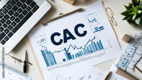 Business Workspace with CAC Chart and Laptop for Financial Analysis and Market Research in Modern Office Setting photo