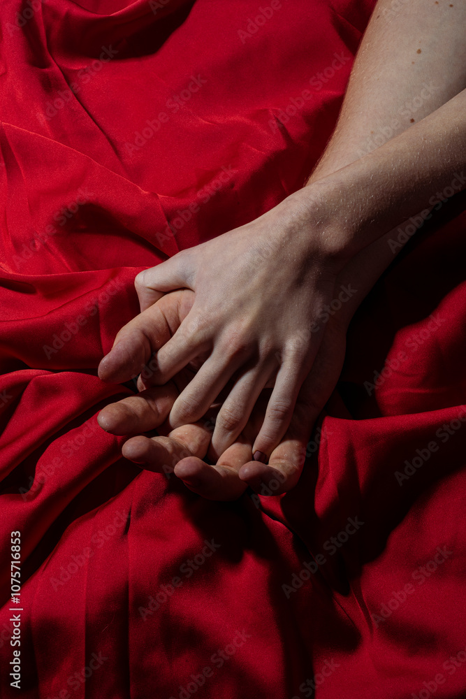 Obraz premium Couple sensual touch. Hands of lovers. Hands of love. Couple in love. Sensual hands concept. Tender couple in bed. Romance. Sensual touch. Sex.