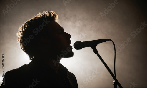 A silhouette of a singer performing on stage, illuminated by a spotlight