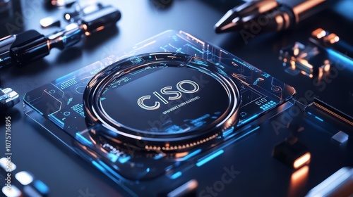 Futuristic Cybersecurity Concept with CISO Text on Digital Interface in High-Tech Environment