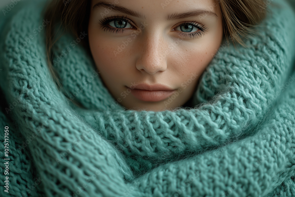 Close-up Portrait of a Woman in Cozy Knitwear and Scarf, Showcasing Beauty and Fashion Close-up Portrait of a Woman in Cozy Knitwear and Scarf, Showcasing Beauty and Fashion