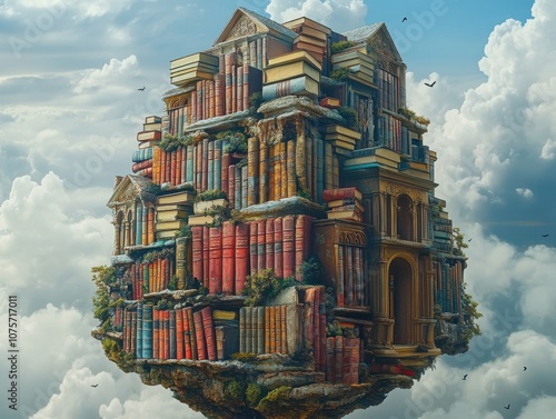 Tall tower of books floating in the sky