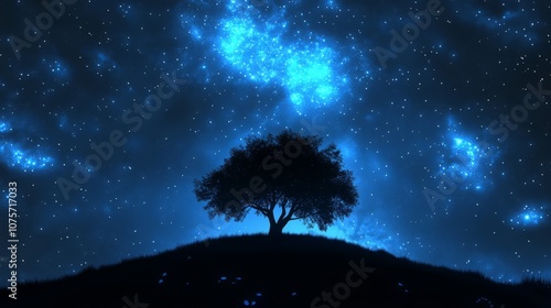 Silhouette of a tree on a hilltop against a stunning night sky filled with bright stars and a glowing nebula.