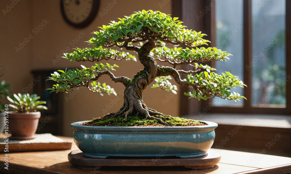 A small bonsai tree sits on a wooden table near a window, catching the sunlight A small bonsai tree sits on a wooden table near a window, catching the sunlight