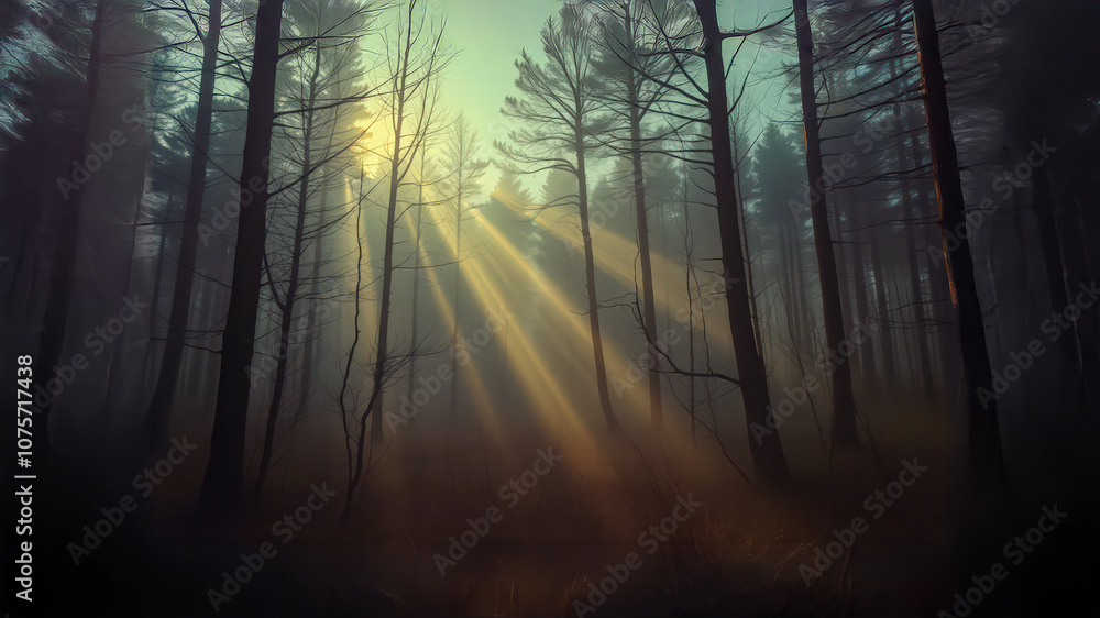 Obraz premium Silent Forest in spring with beautiful bright sun rays