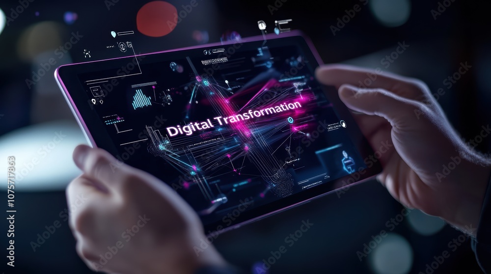 Fototapeta premium Hands Holding Tablet with Digital Transformation Concept and Futuristic Interface Elements in a Dark Setting