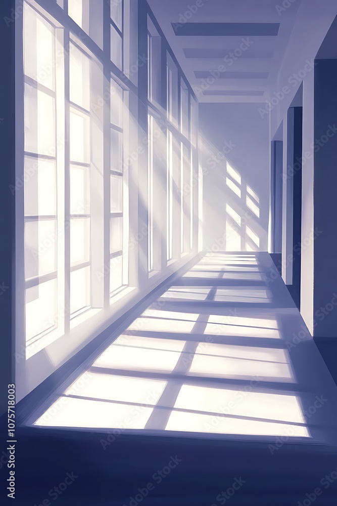 Obraz premium Sunbeams Streaming Through Windows in a Long, Empty Hallway
